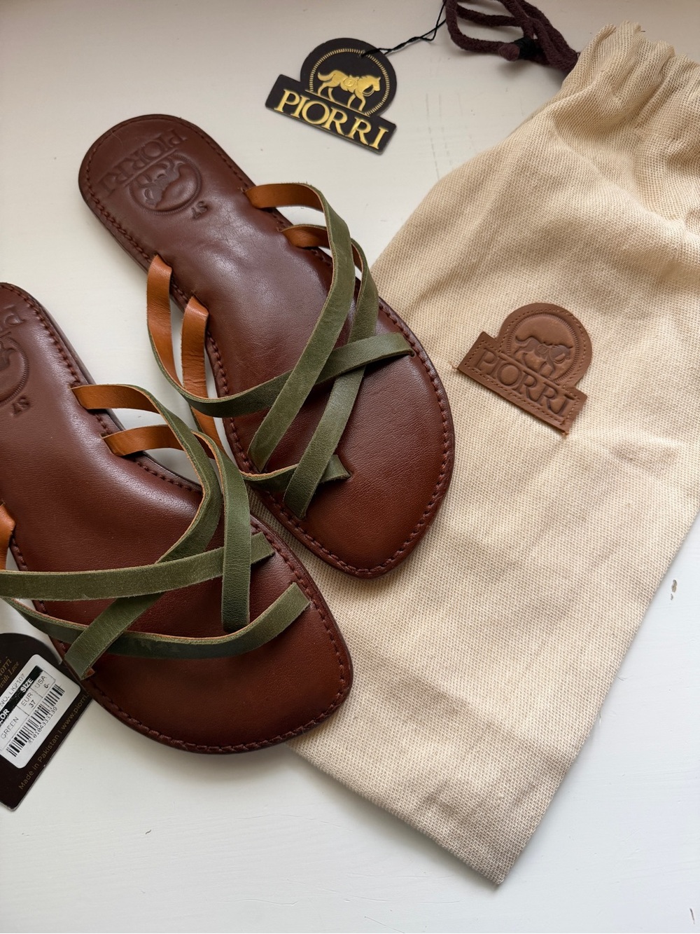 Women's Piorri Brown Leather Sandals with Olive Straps